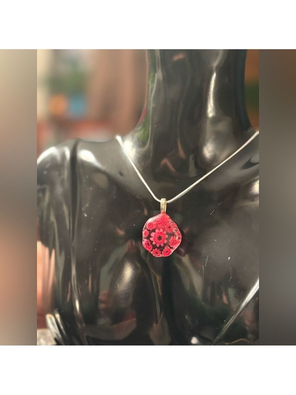 🌸Vintage Magenta Pink Millefiori Blown Glass Pendant Necklace • Floral Statement - Picture 12 of 17